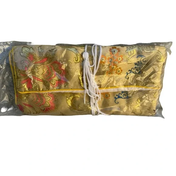 Vintage Gold Silk Brocade Embroidered Jewelry Roll Organizer Travel Case Yellow - Picture 2 of 5